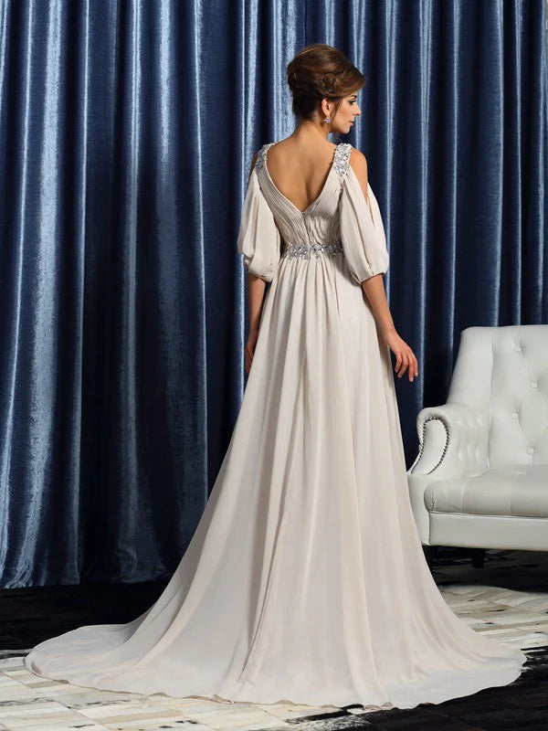 Wholesale A-Line Princess V-neck Beading Sleeves Long Chiffon Mother of the Bride Dresses